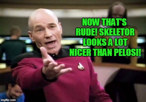 Picard Wtf Meme | NOW THAT'S RUDE! SKELETOR LOOKS A LOT NICER THAN PELOSI! | image tagged in memes,picard wtf | made w/ Imgflip meme maker