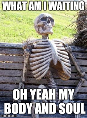 Waiting Skeleton Meme | WHAT AM I WAITING; OH YEAH MY BODY AND SOUL | image tagged in memes,waiting skeleton | made w/ Imgflip meme maker