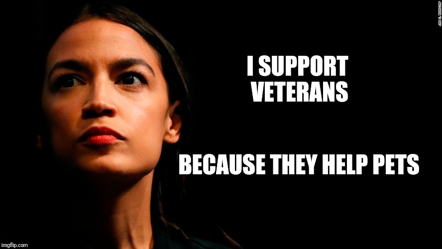 Support your local veteran | I SUPPORT VETERANS; BECAUSE THEY HELP PETS | image tagged in ocasio-cortez super genius | made w/ Imgflip meme maker