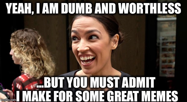 YEAH, I AM DUMB AND WORTHLESS; ...BUT YOU MUST ADMIT I MAKE FOR
SOME GREAT MEMES | image tagged in alexandria ocasio-cortez,crazy alexandria ocasio-cortez,libtards | made w/ Imgflip meme maker