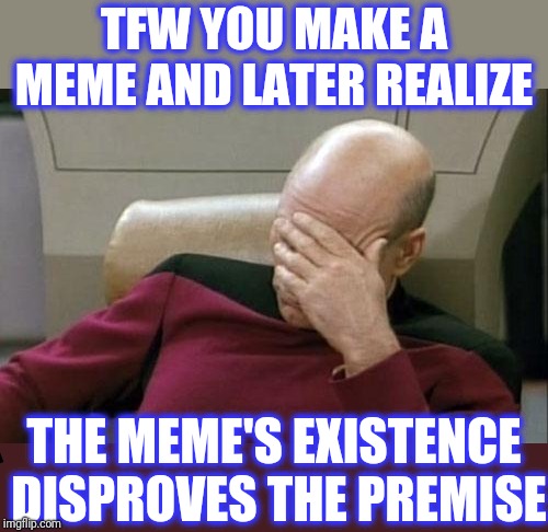 Captain Picard Facepalm Meme | TFW YOU MAKE A MEME AND LATER REALIZE THE MEME'S EXISTENCE DISPROVES THE PREMISE | image tagged in memes,captain picard facepalm | made w/ Imgflip meme maker