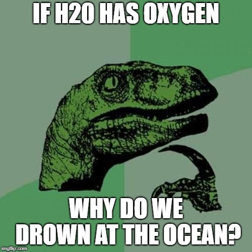Philosoraptor | IF H20 HAS OXYGEN; WHY DO WE DROWN AT THE OCEAN? | image tagged in memes,philosoraptor | made w/ Imgflip meme maker