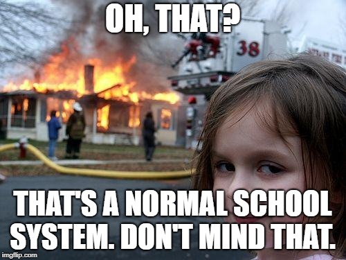 Disaster Girl Meme | OH, THAT? THAT'S A NORMAL SCHOOL SYSTEM. DON'T MIND THAT. | image tagged in memes,disaster girl | made w/ Imgflip meme maker