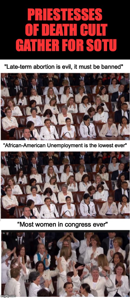 PRIESTESSES OF DEATH CULT GATHER FOR SOTU; "Late-term abortion is evil, it must be banned"; “African-American Unemployment is the lowest ever"; “Most women in congress ever" | image tagged in state of the union,2019 | made w/ Imgflip meme maker