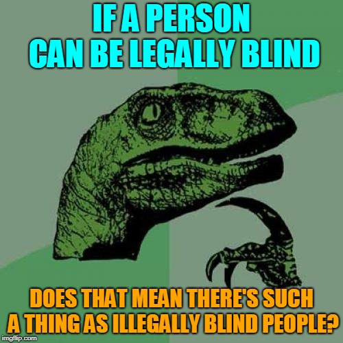 I Wonder If You Can See What I Mean | IF A PERSON CAN BE LEGALLY BLIND; DOES THAT MEAN THERE'S SUCH A THING AS ILLEGALLY BLIND PEOPLE? | image tagged in memes,philosoraptor,dark,light,dark side,light humor | made w/ Imgflip meme maker