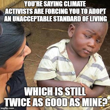 Third World Skeptical Kid | YOU'RE SAYING CLIMATE ACTIVISTS ARE FORCING YOU TO ADOPT AN UNACCEPTABLE STANDARD OF LIVING; WHICH IS STILL TWICE AS GOOD AS MINE? | image tagged in memes,third world skeptical kid | made w/ Imgflip meme maker