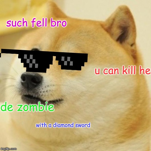 Doge | such fell bro; u can kill he; de zombie; with a diamond sword | image tagged in memes,doge | made w/ Imgflip meme maker