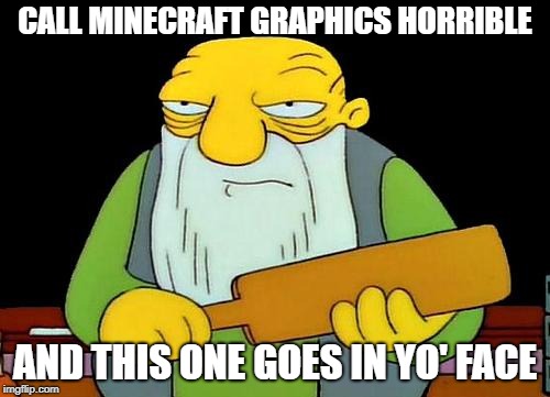 That's a paddlin' | CALL MINECRAFT GRAPHICS HORRIBLE; AND THIS ONE GOES IN YO' FACE | image tagged in memes,that's a paddlin' | made w/ Imgflip meme maker