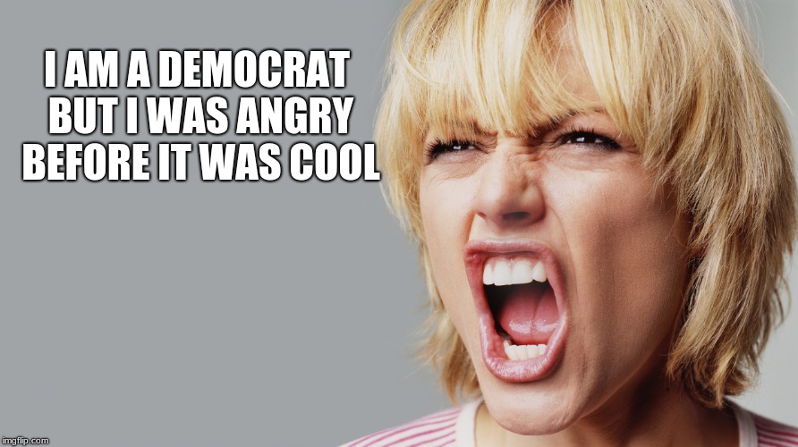 Just another angry democrat  | I AM A DEMOCRAT BUT I WAS ANGRY BEFORE IT WAS COOL | image tagged in angry woman yelling,angry democrat,the hate party | made w/ Imgflip meme maker