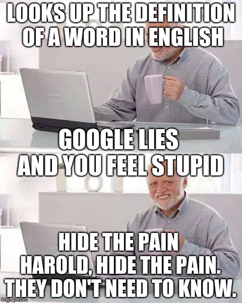 My friend in our English class be like | LOOKS UP THE DEFINITION OF A WORD IN ENGLISH; GOOGLE LIES AND YOU FEEL STUPID; HIDE THE PAIN HAROLD, HIDE THE PAIN. THEY DON'T NEED TO KNOW. | image tagged in memes,hide the pain harold,school,google | made w/ Imgflip meme maker