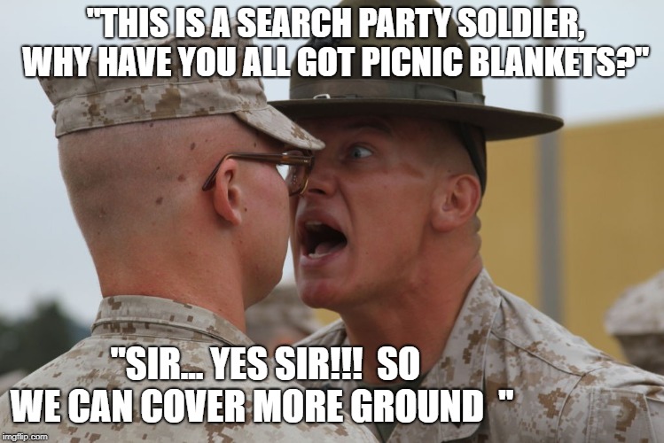 Marines di | "THIS IS A SEARCH PARTY SOLDIER, WHY HAVE YOU ALL GOT PICNIC BLANKETS?"; "SIR... YES SIR!!!  SO WE CAN COVER MORE GROUND  " | image tagged in marines di | made w/ Imgflip meme maker