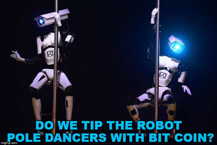 Do they dance to Mr. Roboto? | DO WE TIP THE ROBOT POLE DANCERS WITH BIT COIN? | image tagged in meme,robot,stripper pole,funny,dancer,bitcoin | made w/ Imgflip meme maker