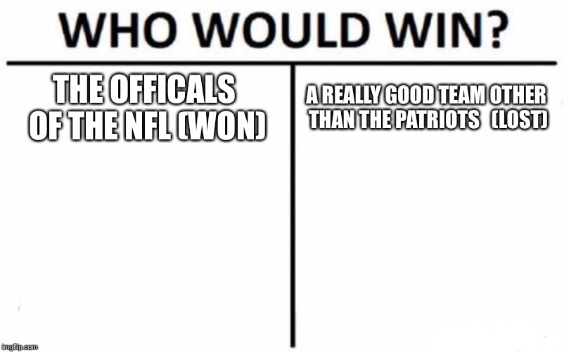 Who Would Win? Meme | THE OFFICALS OF THE NFL
(WON); A REALLY GOOD TEAM OTHER THAN THE PATRIOTS


(LOST) | image tagged in memes,who would win | made w/ Imgflip meme maker