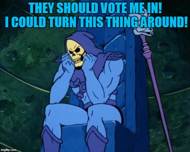 Sad Skeletor | THEY SHOULD VOTE ME IN! I COULD TURN THIS THING AROUND! | image tagged in sad skeletor | made w/ Imgflip meme maker
