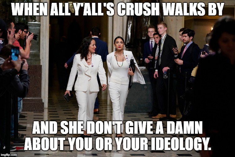 Squad Life | WHEN ALL Y'ALL'S CRUSH WALKS BY; AND SHE DON'T GIVE A DAMN ABOUT YOU OR YOUR IDEOLOGY. | image tagged in conservatives,squad | made w/ Imgflip meme maker