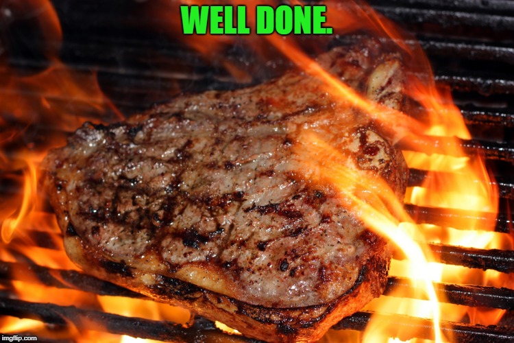 steak | WELL DONE. | image tagged in steak | made w/ Imgflip meme maker