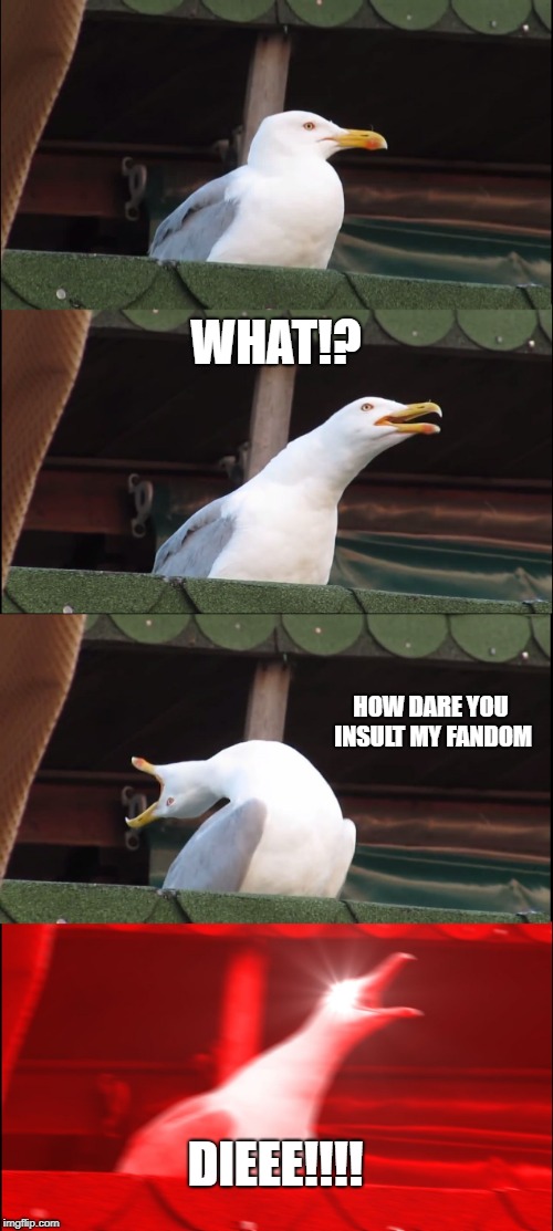 Inhaling Seagull Meme | WHAT!? HOW DARE YOU INSULT MY FANDOM; DIEEE!!!! | image tagged in memes,inhaling seagull | made w/ Imgflip meme maker
