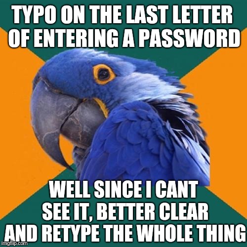 Do it all the time.... those dang hidden characters!!! | TYPO ON THE LAST LETTER OF ENTERING A PASSWORD WELL SINCE I CANT SEE IT, BETTER CLEAR AND RETYPE THE WHOLE THING | image tagged in memes,paranoid parrot,typo,password | made w/ Imgflip meme maker