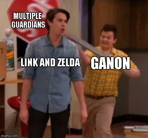 Gibby hitting Spencer with a stop sign | MULTIPLE GUARDIANS; LINK AND ZELDA; GANON | image tagged in gibby hitting spencer with a stop sign | made w/ Imgflip meme maker