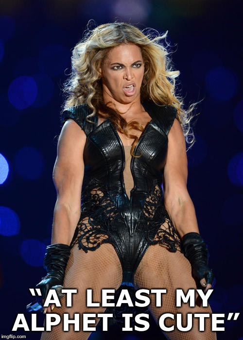 Ermahgerd Beyonce Meme | “AT LEAST MY ALPHET IS CUTE” | image tagged in memes,ermahgerd beyonce | made w/ Imgflip meme maker