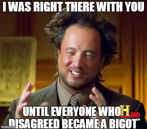 Ancient Aliens Meme | I WAS RIGHT THERE WITH YOU; UNTIL EVERYONE WHO DISAGREED BECAME A BIGOT | image tagged in memes,ancient aliens | made w/ Imgflip meme maker