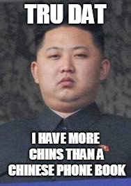 Kim Jong Un | TRU DAT I HAVE MORE CHINS THAN A CHINESE PHONE BOOK | image tagged in kim jong un | made w/ Imgflip meme maker