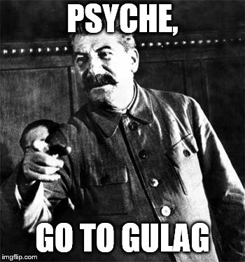 Stalin | PSYCHE, GO TO GULAG | image tagged in stalin | made w/ Imgflip meme maker
