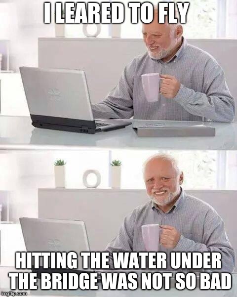 Hide the Pain Harold | I LEARED TO FLY; HITTING THE WATER UNDER THE BRIDGE WAS NOT SO BAD | image tagged in memes,hide the pain harold | made w/ Imgflip meme maker