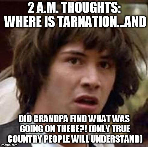Conspiracy Keanu | 2 A.M. THOUGHTS: WHERE IS TARNATION...AND; DID GRANDPA FIND WHAT WAS GOING ON THERE?! (ONLY TRUE COUNTRY PEOPLE WILL UNDERSTAND) | image tagged in memes,conspiracy keanu | made w/ Imgflip meme maker