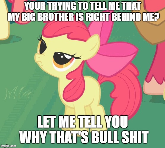YOUR TRYING TO TELL ME THAT MY BIG BROTHER IS RIGHT BEHIND ME? LET ME TELL YOU WHY THAT'S BULL SHIT | image tagged in let me tell you why that's bullshit applebloom | made w/ Imgflip meme maker