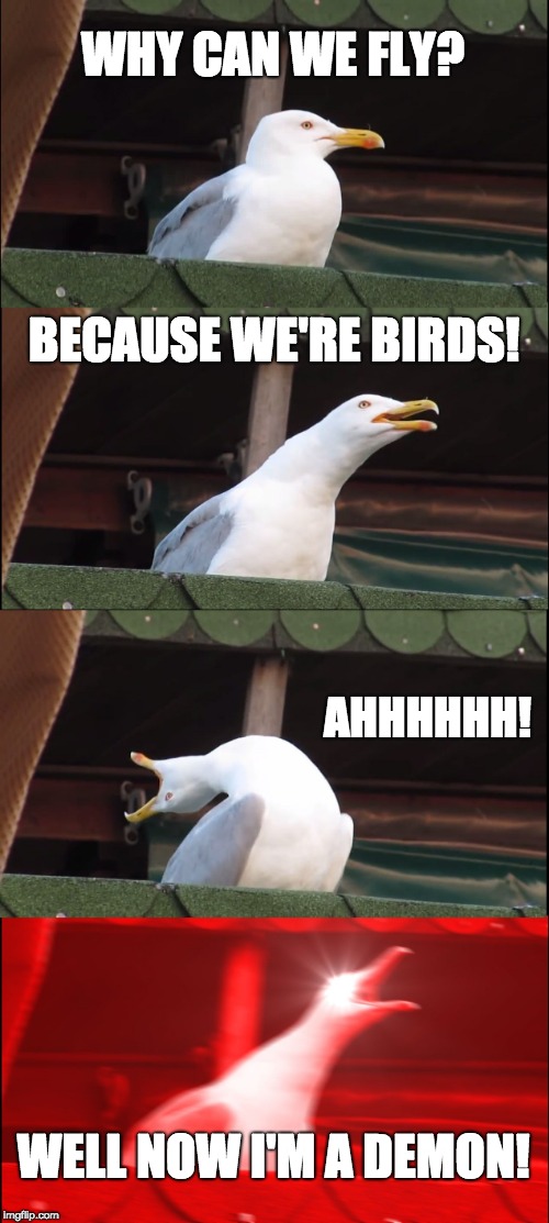 Inhaling Seagull Meme | WHY CAN WE FLY? BECAUSE WE'RE BIRDS! AHHHHHH! WELL NOW I'M A DEMON! | image tagged in memes,inhaling seagull | made w/ Imgflip meme maker