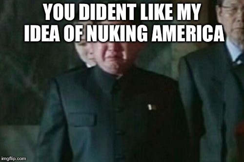 Kim Jong Un Sad Meme | YOU DIDENT LIKE MY IDEA OF NUKING AMERICA | image tagged in memes,kim jong un sad | made w/ Imgflip meme maker