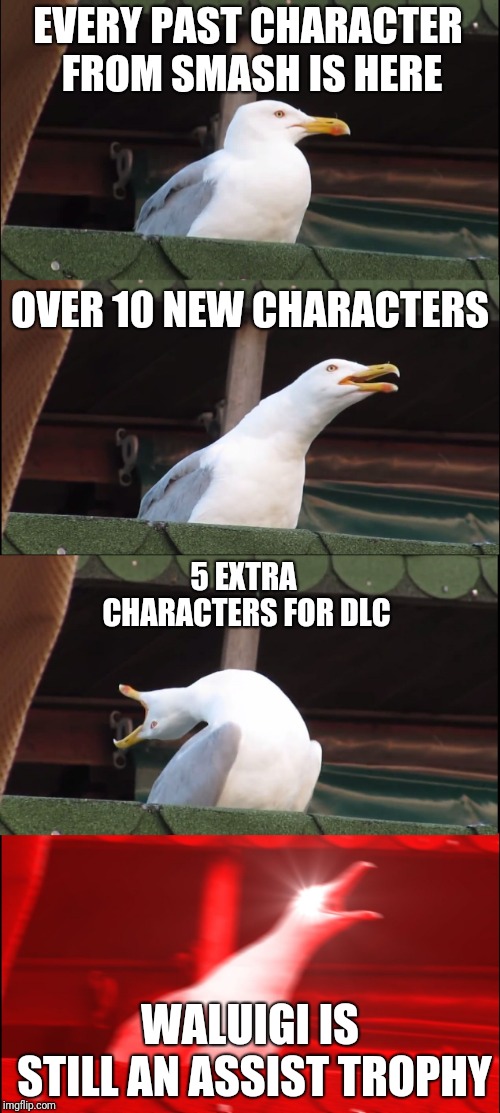 Inhaling Seagull | EVERY PAST CHARACTER FROM SMASH IS HERE; OVER 10 NEW CHARACTERS; 5 EXTRA CHARACTERS FOR DLC; WALUIGI IS STILL AN ASSIST TROPHY | image tagged in memes,inhaling seagull | made w/ Imgflip meme maker