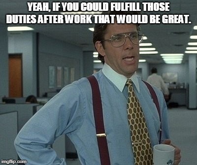 office space boss  | YEAH, IF YOU COULD FULFILL THOSE DUTIES AFTER WORK THAT WOULD BE GREAT. | image tagged in office space boss | made w/ Imgflip meme maker