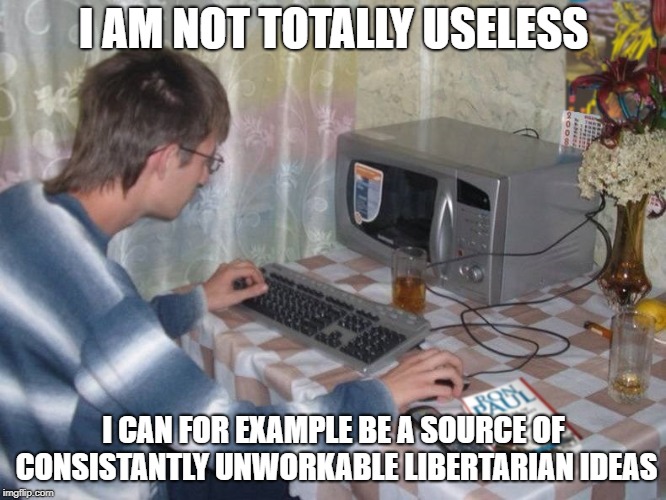 Microwave Libertarian | I AM NOT TOTALLY USELESS; I CAN FOR EXAMPLE BE A SOURCE OF CONSISTANTLY UNWORKABLE LIBERTARIAN IDEAS | image tagged in microwave libertarian | made w/ Imgflip meme maker