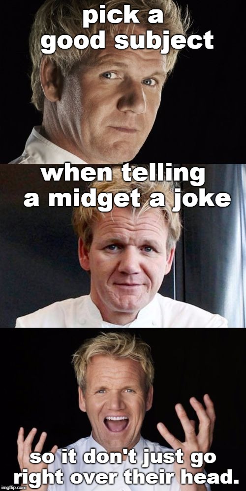 gordon ramsey is a smart person, and wealthy. make a good dinner and is careful when telling a joke to  smaller people. | pick a good subject; when telling a midget a joke; so it don't just go right over their head. | image tagged in bad pun chef,midget jokes,sjw blow,don't hurt 'um hammer | made w/ Imgflip meme maker