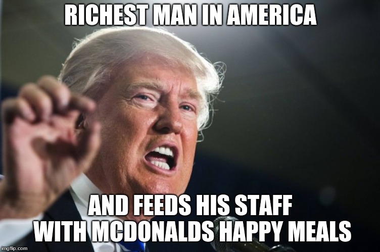 donald trump | RICHEST MAN IN AMERICA; AND FEEDS HIS STAFF WITH MCDONALDS HAPPY MEALS | image tagged in donald trump | made w/ Imgflip meme maker