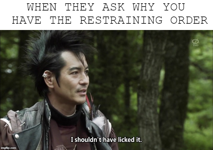 I Shouldn't Have Licked It | WHEN THEY ASK WHY YOU HAVE THE RESTRAINING ORDER | image tagged in sexual assault,i shouldn't have licked it | made w/ Imgflip meme maker