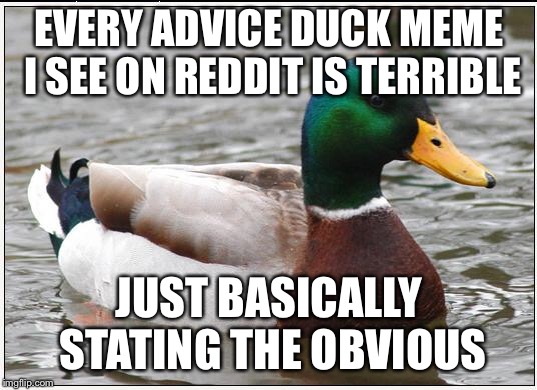 Actual Advice Mallard Meme | EVERY ADVICE DUCK MEME I SEE ON REDDIT IS TERRIBLE; JUST BASICALLY STATING THE OBVIOUS | image tagged in memes,actual advice mallard | made w/ Imgflip meme maker