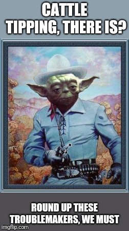 Cowboy Yoda | CATTLE TIPPING, THERE IS? ROUND UP THESE TROUBLEMAKERS, WE MUST | image tagged in cowboy yoda | made w/ Imgflip meme maker