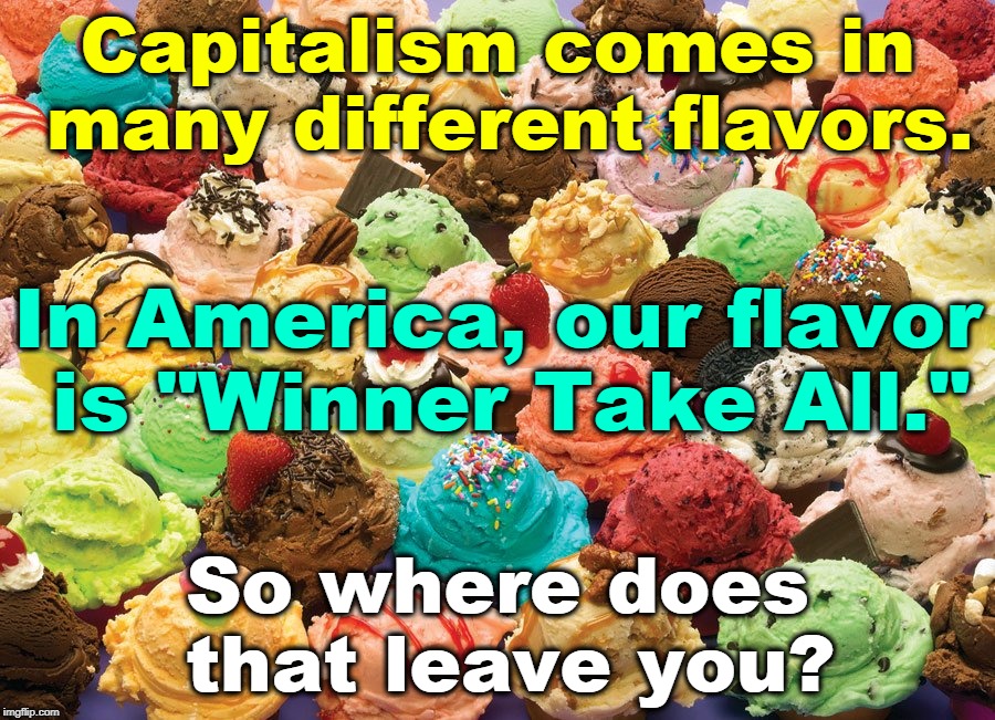 Capitalism comes in many different flavors. In America, our flavor is "Winner Take All."; So where does that leave you? | image tagged in capitalism,america,winner take all | made w/ Imgflip meme maker