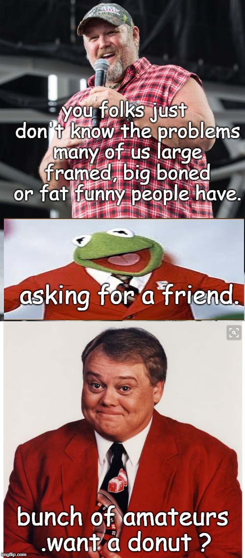 if john pinette were still around, can you imagine the fat jokes he would  have ? love you larry n louie. | you folks just don't know the problems many of us large framed, big boned or fat funny people have. asking for a friend. bunch of amateurs .want a donut ? | image tagged in fat is funny,good comics,miss piggy is not amused,larry the cable guy,memes | made w/ Imgflip meme maker