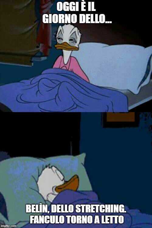 sleepy donald duck in bed | OGGI È IL GIORNO DELLO... BELÌN, DELLO STRETCHING. FANCULO TORNO A LETTO | image tagged in sleepy donald duck in bed | made w/ Imgflip meme maker