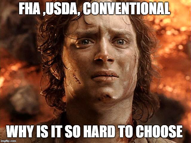 Lord of the Rings | FHA ,USDA, CONVENTIONAL; WHY IS IT SO HARD TO CHOOSE | image tagged in lord of the rings | made w/ Imgflip meme maker