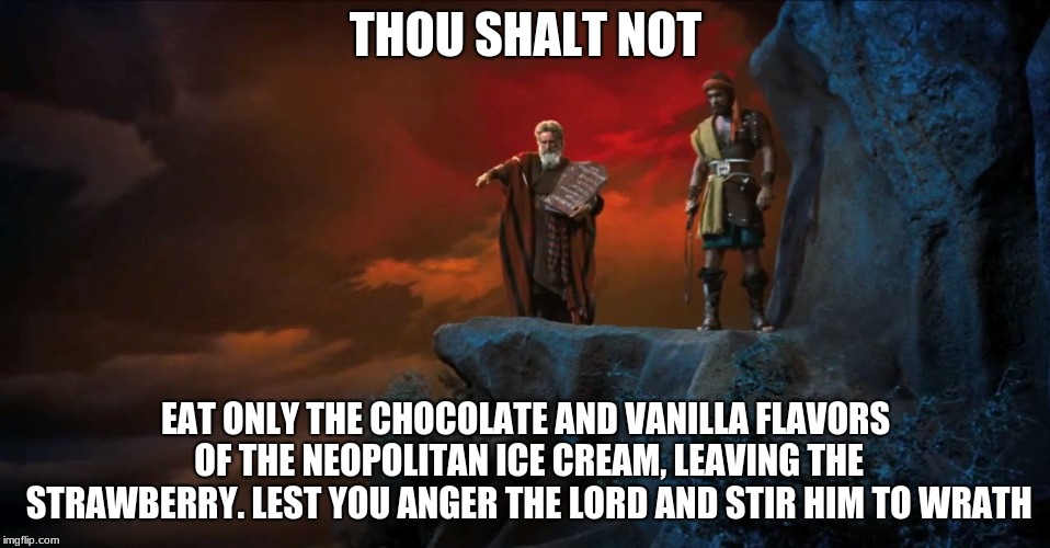 Thou Shalt Not | THOU SHALT NOT; EAT ONLY THE CHOCOLATE AND VANILLA FLAVORS OF THE NEOPOLITAN ICE CREAM, LEAVING THE STRAWBERRY. LEST YOU ANGER THE LORD AND STIR HIM TO WRATH | image tagged in god,bible,christian,jewish,humor | made w/ Imgflip meme maker