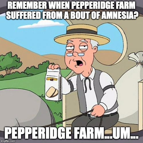 Pepperidge Farm Remembers | REMEMBER WHEN PEPPERIDGE FARM SUFFERED FROM A BOUT OF AMNESIA? PEPPERIDGE FARM...UM... | image tagged in memes,pepperidge farm remembers | made w/ Imgflip meme maker