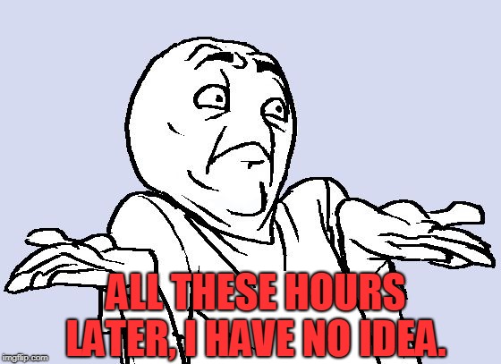 Shrug Cartoon | ALL THESE HOURS LATER, I HAVE NO IDEA. | image tagged in shrug cartoon | made w/ Imgflip meme maker