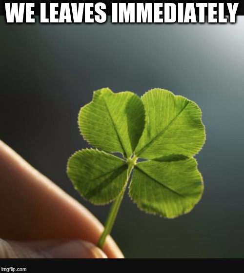 4 leaf clover hand | WE LEAVES IMMEDIATELY | image tagged in 4 leaf clover hand | made w/ Imgflip meme maker