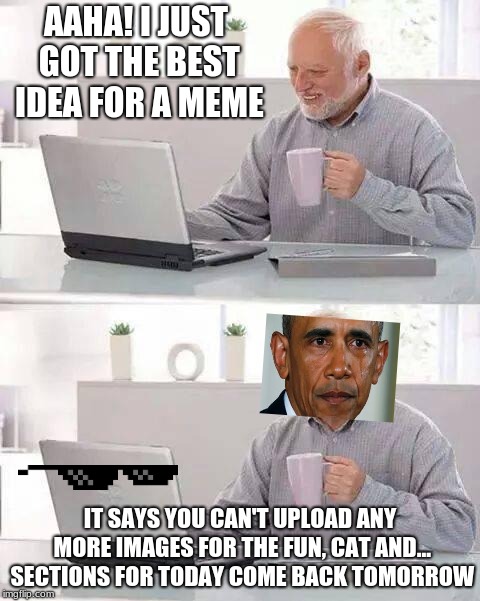 tomorrow: what was I wanted to post????  | AAHA! I JUST GOT THE BEST IDEA FOR A MEME; IT SAYS YOU CAN'T UPLOAD ANY MORE IMAGES FOR THE FUN, CAT AND... SECTIONS FOR TODAY
COME BACK TOMORROW | image tagged in memes,hide the pain harold | made w/ Imgflip meme maker