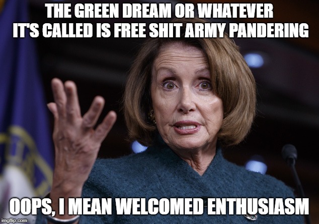 Good old Nancy Pelosi | THE GREEN DREAM OR WHATEVER IT'S CALLED IS FREE SHIT ARMY PANDERING; OOPS, I MEAN WELCOMED ENTHUSIASM | image tagged in good old nancy pelosi | made w/ Imgflip meme maker